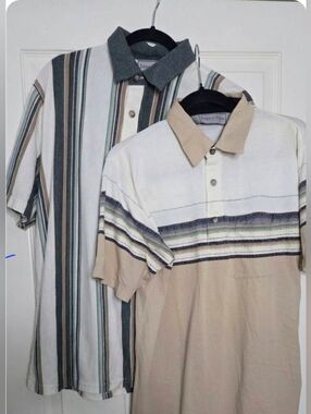 VTG Tropical Palm M Knit Set of 2 Retro 80-90s Striped  Shrtslv Men Polo Shirts